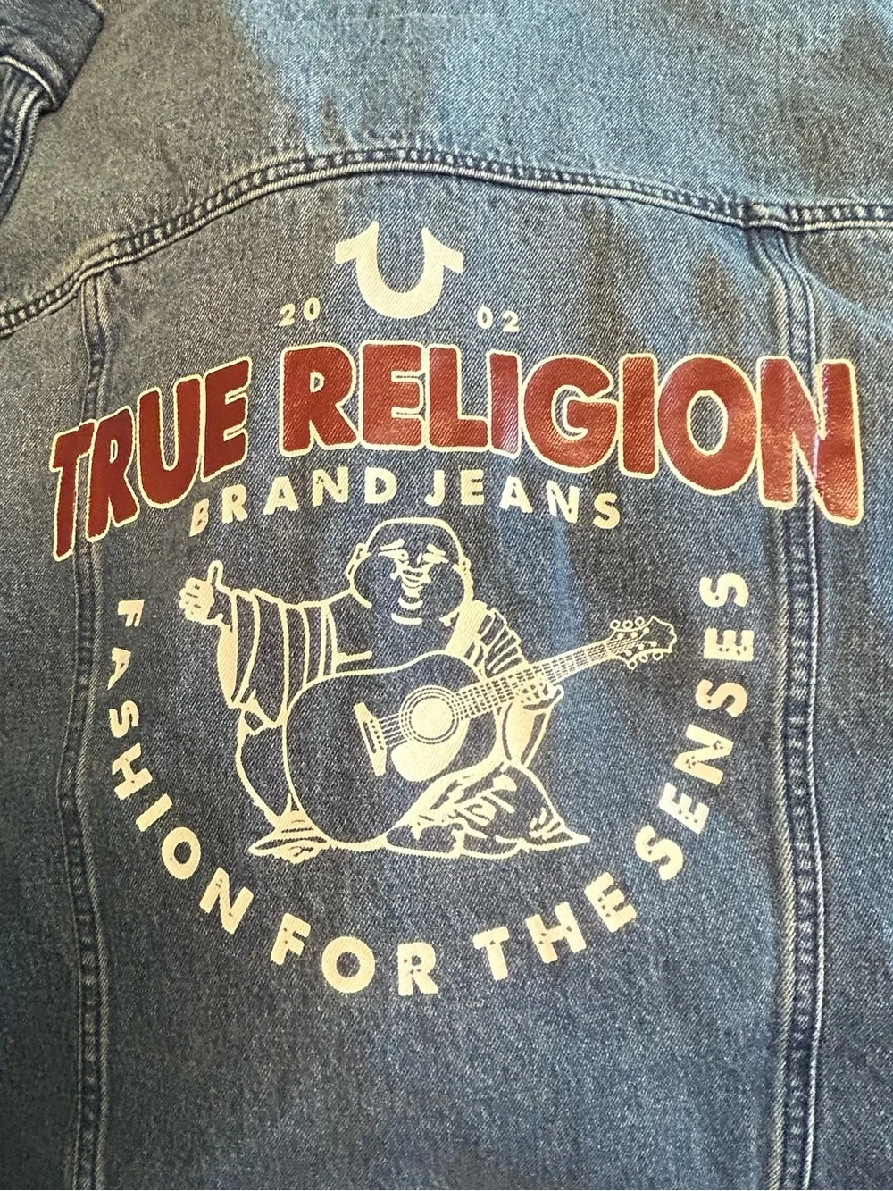 True Religion Medium Blue Denim Trucker Jacket with Red Stitching